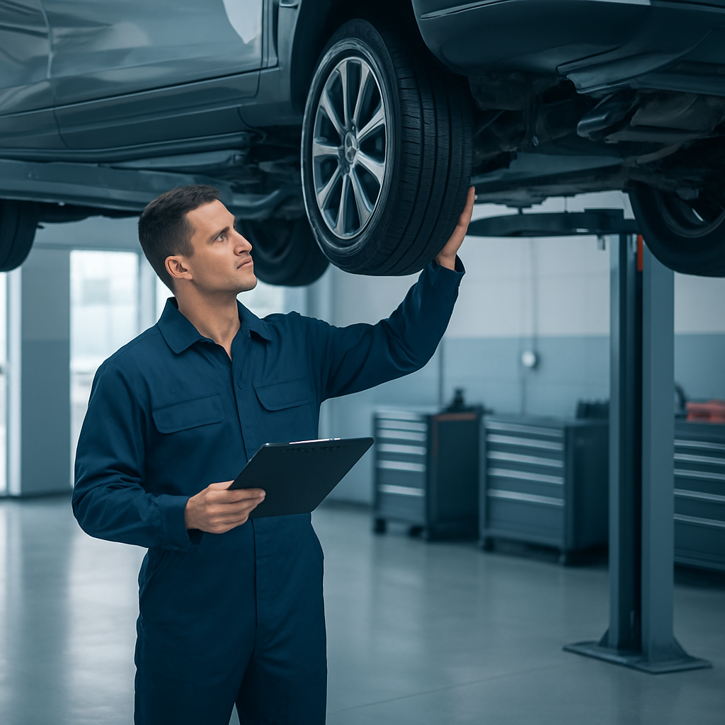 Technician inspecting a vehicle on a lift in a modern dealership service bay
